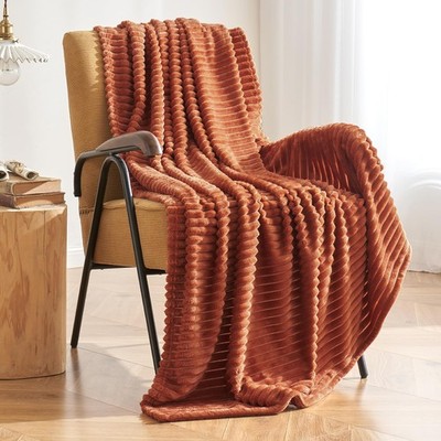 Rust Fleece Throw Blanket for Couch 300GSM Super Soft Lightweight Plush Strip...