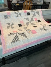 Handmade Baby Quilt 34" x 35" Black White with a dash of Pink