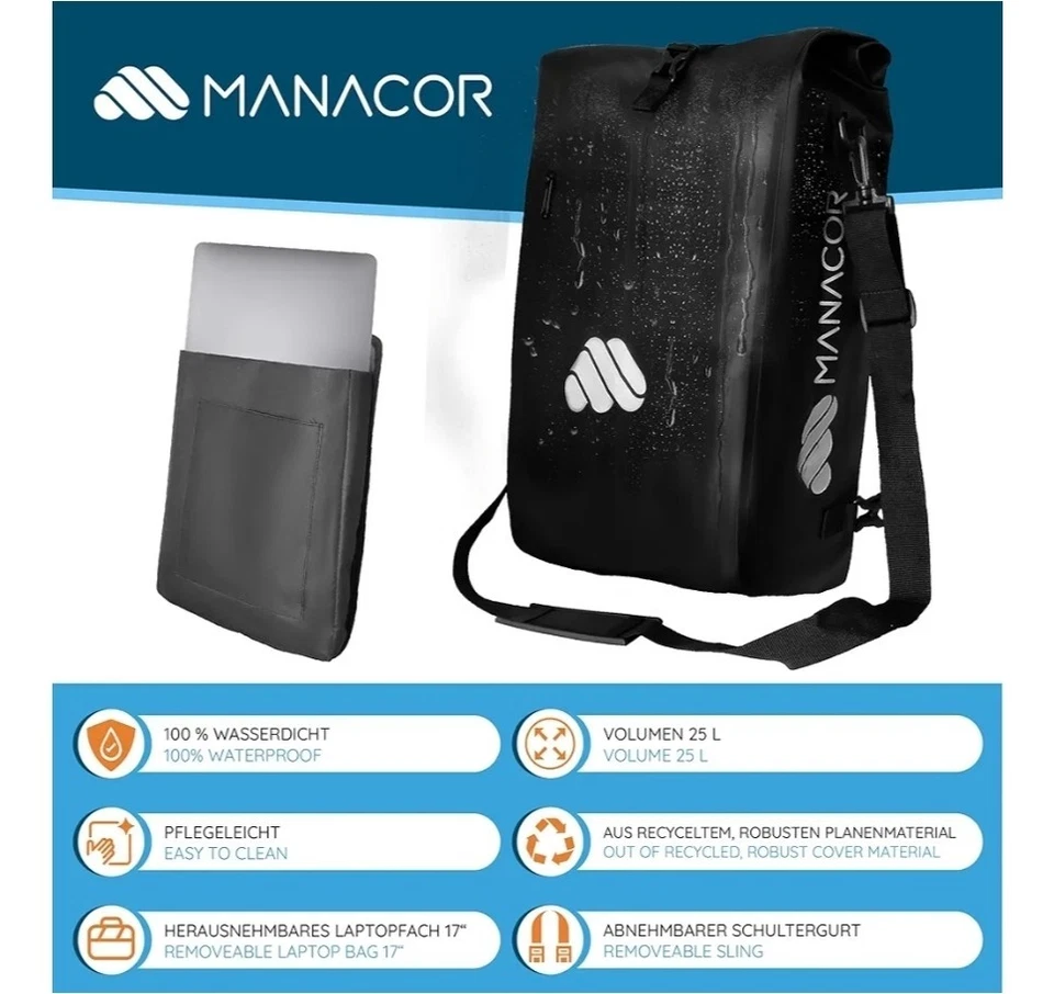 Manacor borsa per bicicletta 3 in 1, impermeabile, borsa a tracolla, borsa da... - Immagine 2 di 4