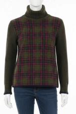 Belvedere Womens Small angora mohair turtleneck sweater green pink plaid Italy