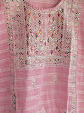 Kurta Top Tunic Cotton Embroidered thread Seqin Work Round Neck Pink 36" x 19"