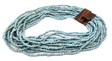 Vintage 16 Multi-Strand Turquoise Seed Bead Necklace Teal w/ Wooden Closure
