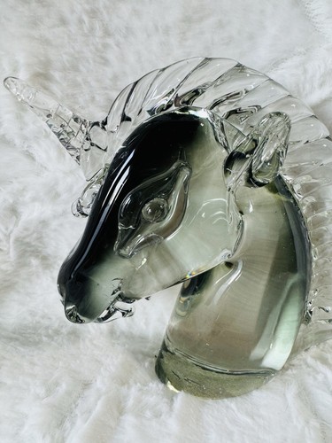 Murano Art Glass Unicorn Seguso Head Smoke Black Grey Crystal Paperweight - Picture 6 of 9