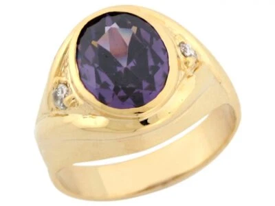 10k or 14k Real Gold Simulated Amethyst White CZ Accents Modern Mens Ring - Image 1 of 4