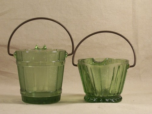 Vintage Bucket Green Glass Coal Bucket w/ Handle Set / Toothpick Holder - Foto 7 di 8
