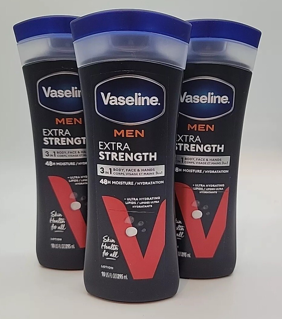 3x Vaseline Men Extra Strength Moisture Body & Face Lotion Non-Greasy 10 Fl Oz