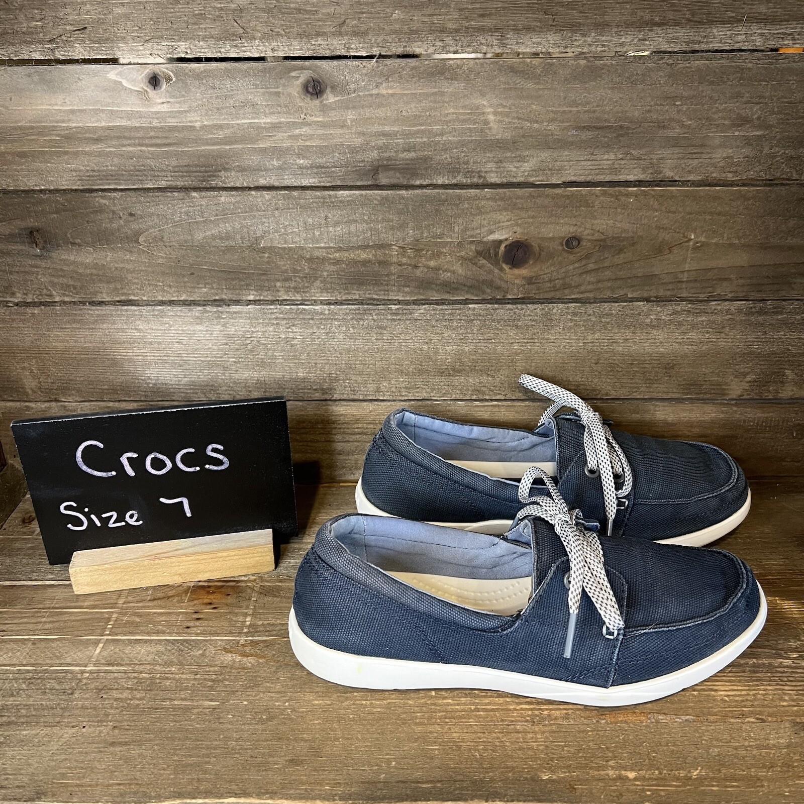 Womens Crocs Walu Blue Canvas Deck Boat Slip On Shoes… Gem