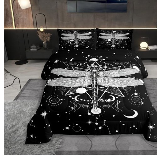 Galaxy Sun & Moon Themed Gothic Moth King Comforter Set for Teens - 3 Pieces