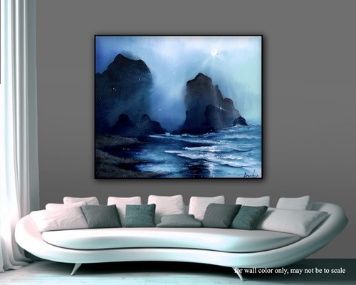 Original Acrylic Landscape Painting 12x14" Misty Ocean Rock Formations Wall Art - Picture 5 of 6