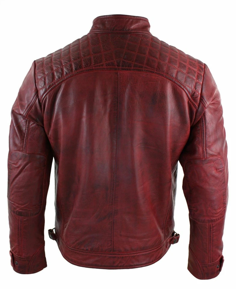 Herren Weinrot Distressed Biker Café Racer Vintage Motorrad Echtleder Jacke - Bild 2 von 4