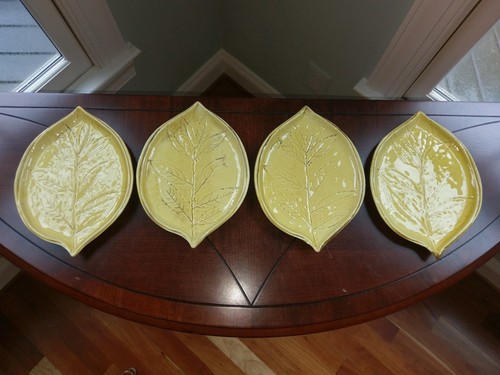 Crate & Barrel Yellow Lemon Leaf Autunno Ceramic Appetizer Snack Plates Set of 4 - Picture 2 of 12