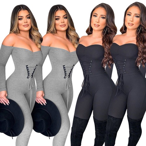 Long Sleeve Lace-Up Bodycon Jumpsuit 