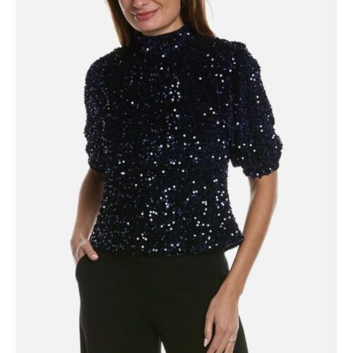 NWT Nanette Lepore Black Sequin Puff Sleeve Top Party Evening Cocktail Size L