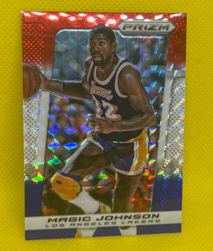 2013-14 Panini Prizm #242 Magic Johnson HOF Red White Blue Mosaic holo SP Mint