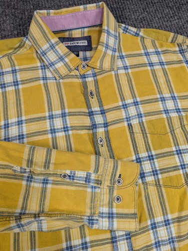 32 Bar Blues Shirt Mens Large Yellow Blue Plaid LS Cotton Button Front Oxford