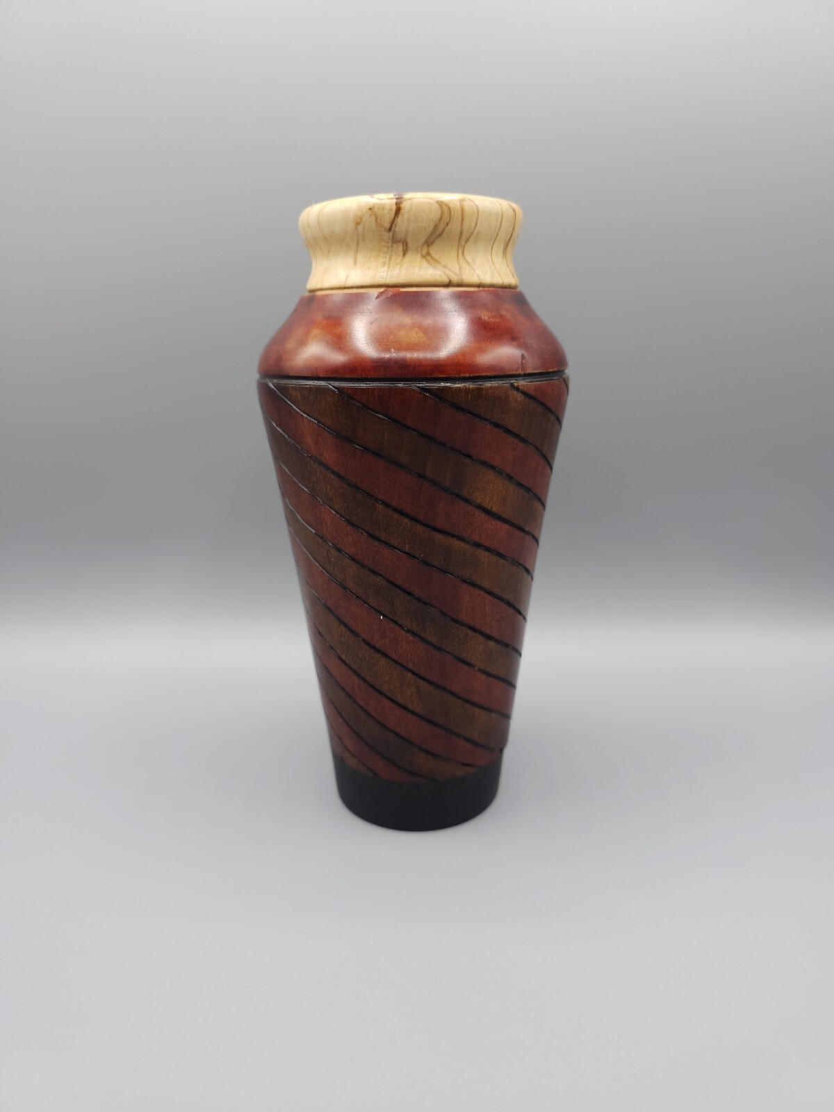 Wooden Container Jar W/Lid  Decorative Spiral Carved Two-Tone Design Apprx 7.5"H