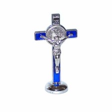 Blue Saint Benedict Small Crucifix with Sticker for Car or Table 3 inches 