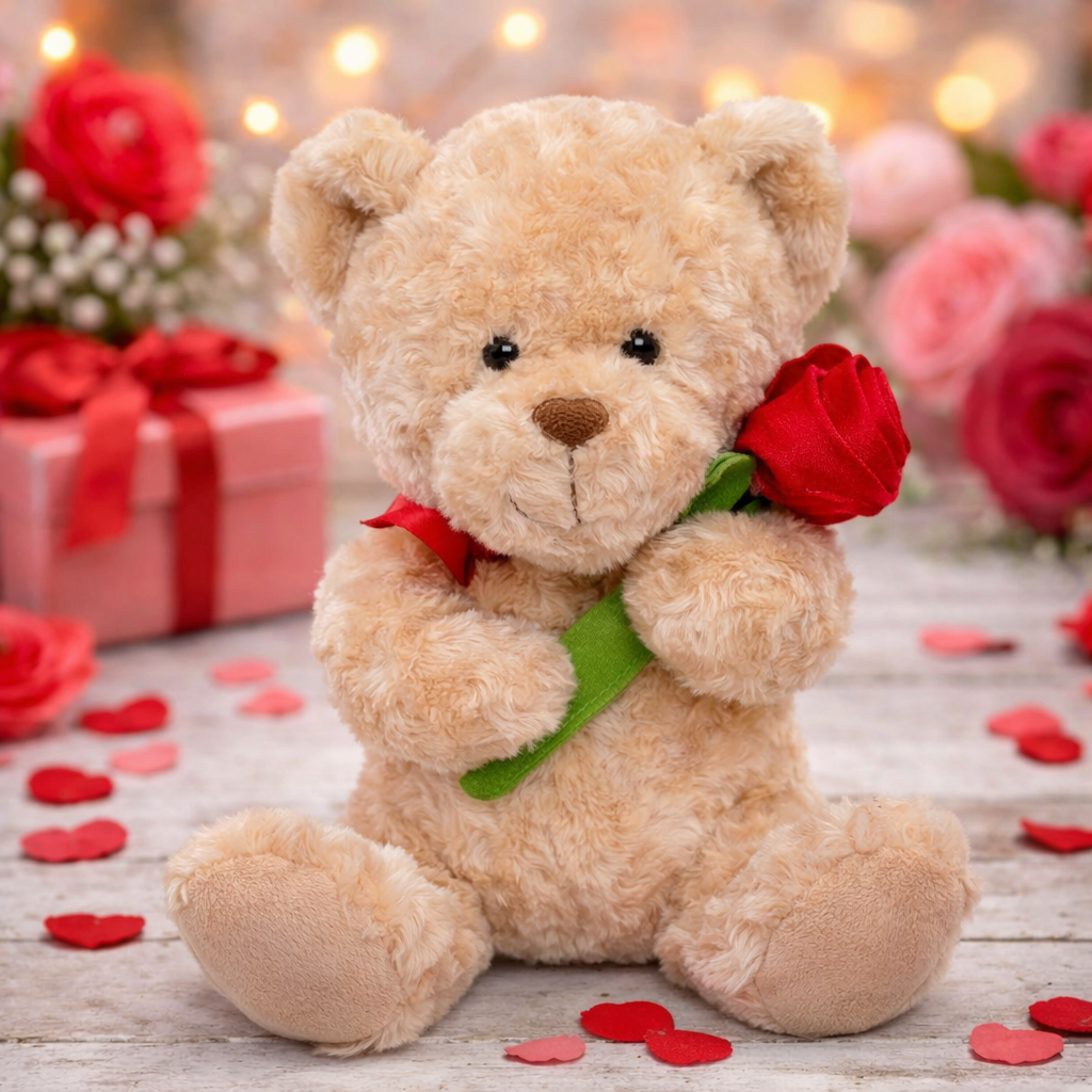 Valentines Day Teddy Bear Holding Red Love Rose Soft Plush Cuddly 30cm Gift