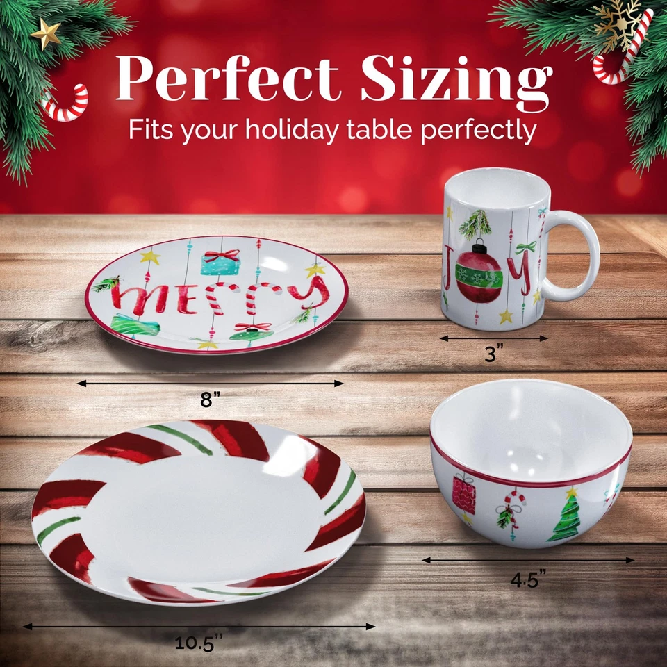 16-Piece Christmas-Themed Stoneware Dinnerware Set - Green/Red - Image 2 of 4