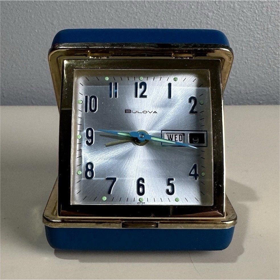 Vintage Bulova Mechanical Folding Day Date Travel Alarm Clock Blue