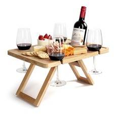 Outdoor Wine Picnic Table, Wooden Folding Picnic Table with Glass Holder, Bam...