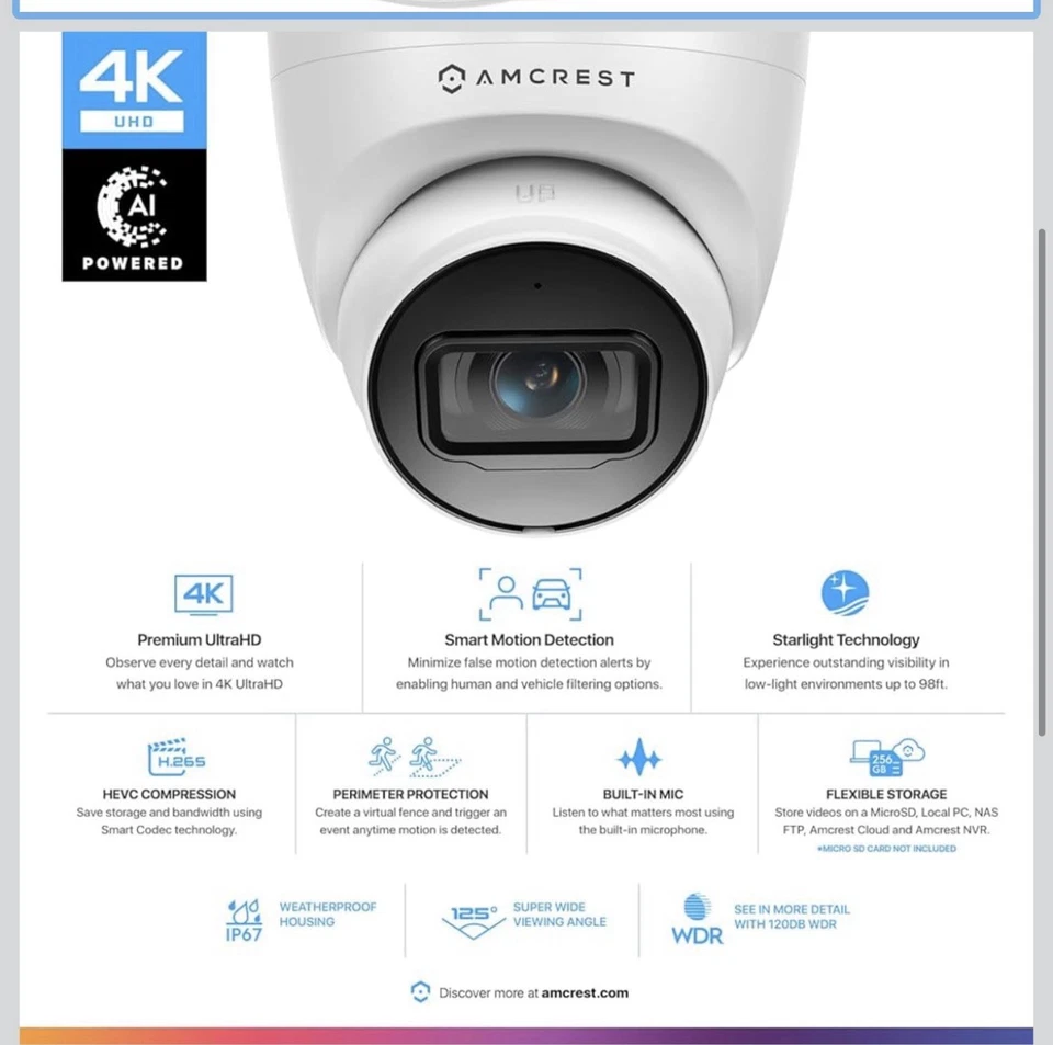 Cámara de Seguridad IP Amcrest UltraHD 4K PoE 8MP IP8M-T2599EW Grabación 256 GB Nueva Foto 2 de 4