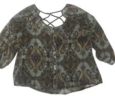 Doe & Rae Womens Paisley Blouse Size Large Criss Cross Back 3/4 sleeve Button up