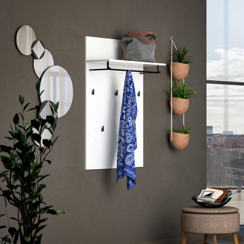 CARO-Möbel Appendiabiti Da Parete Bilbao 2 Pannelli - 9 Ganci E Asta - Laminato Rovere Wotan/Bianco - 90x60x30 Cm - 3