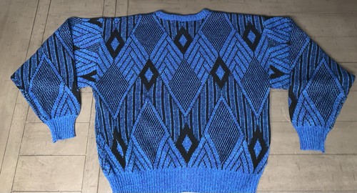 90s SPETRO XL CREW NECK KNIT SWEATER BOXY FIT COSBY GEO DIAMOND BLACK/BLUE - Bild 16 von 22