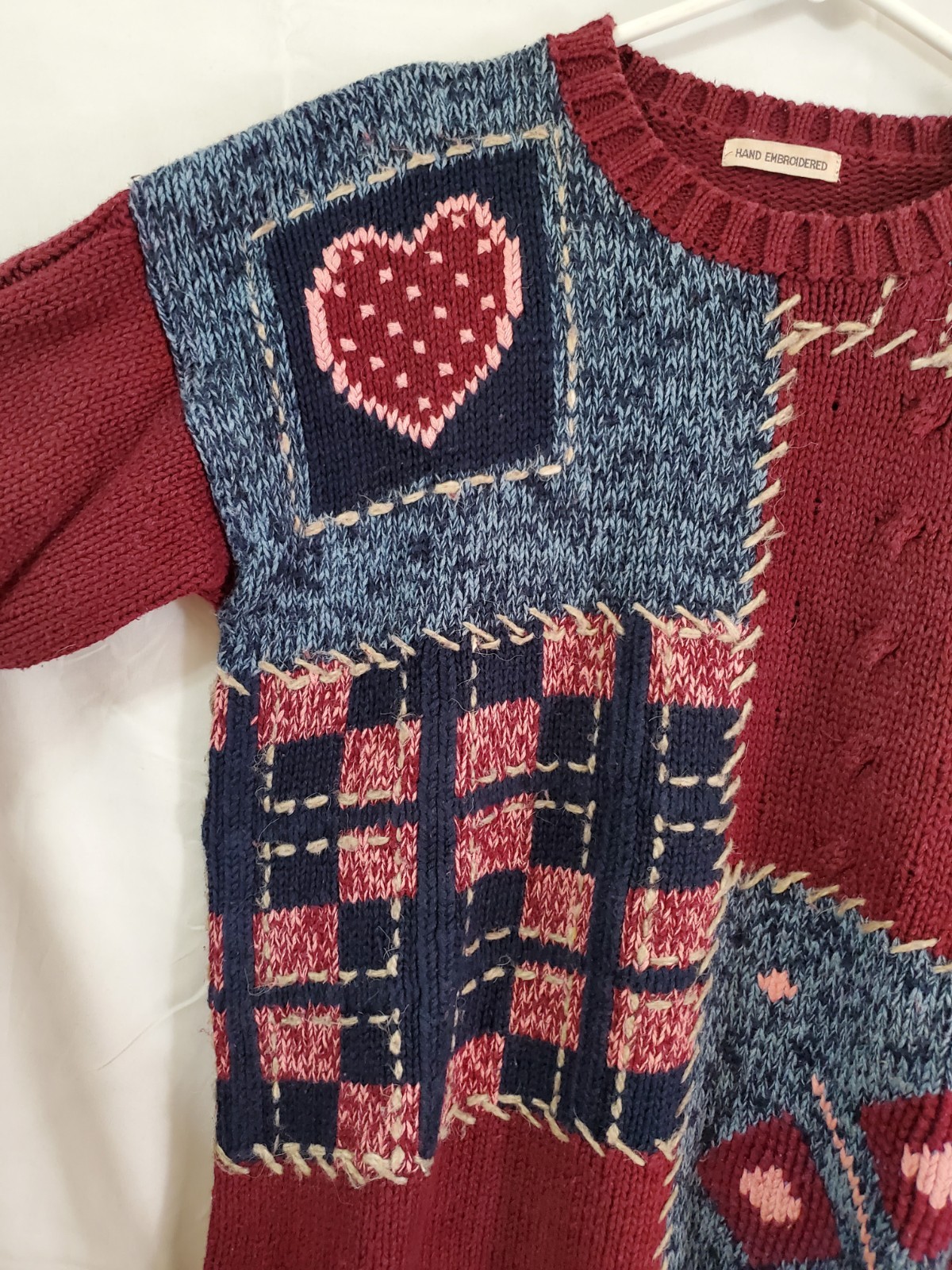 Hand Embroidered Sweater Patchwork Red Hearts Siz… - image 2