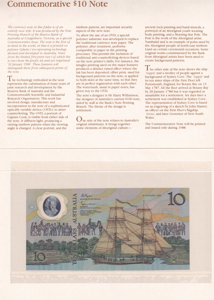 Australia 10 Dollars 1988 P 49a Polymer UNC Commemortive AA Prefix With Folder - Image 3 of 4