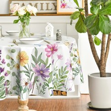 Spring Tablecloth 70 70 Inch Round, Wildflowers Floral Butterfly Washable Tab...