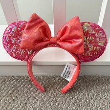Disney- Parks Orange Red Coral Sequin Minnie Mouse Ears Bow Headband Gifts