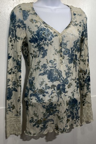 Vtg Denim Supply Ralph Lauren Top Womens Medium Long Sleeve Floral Lace Henley - Picture 3 of 8