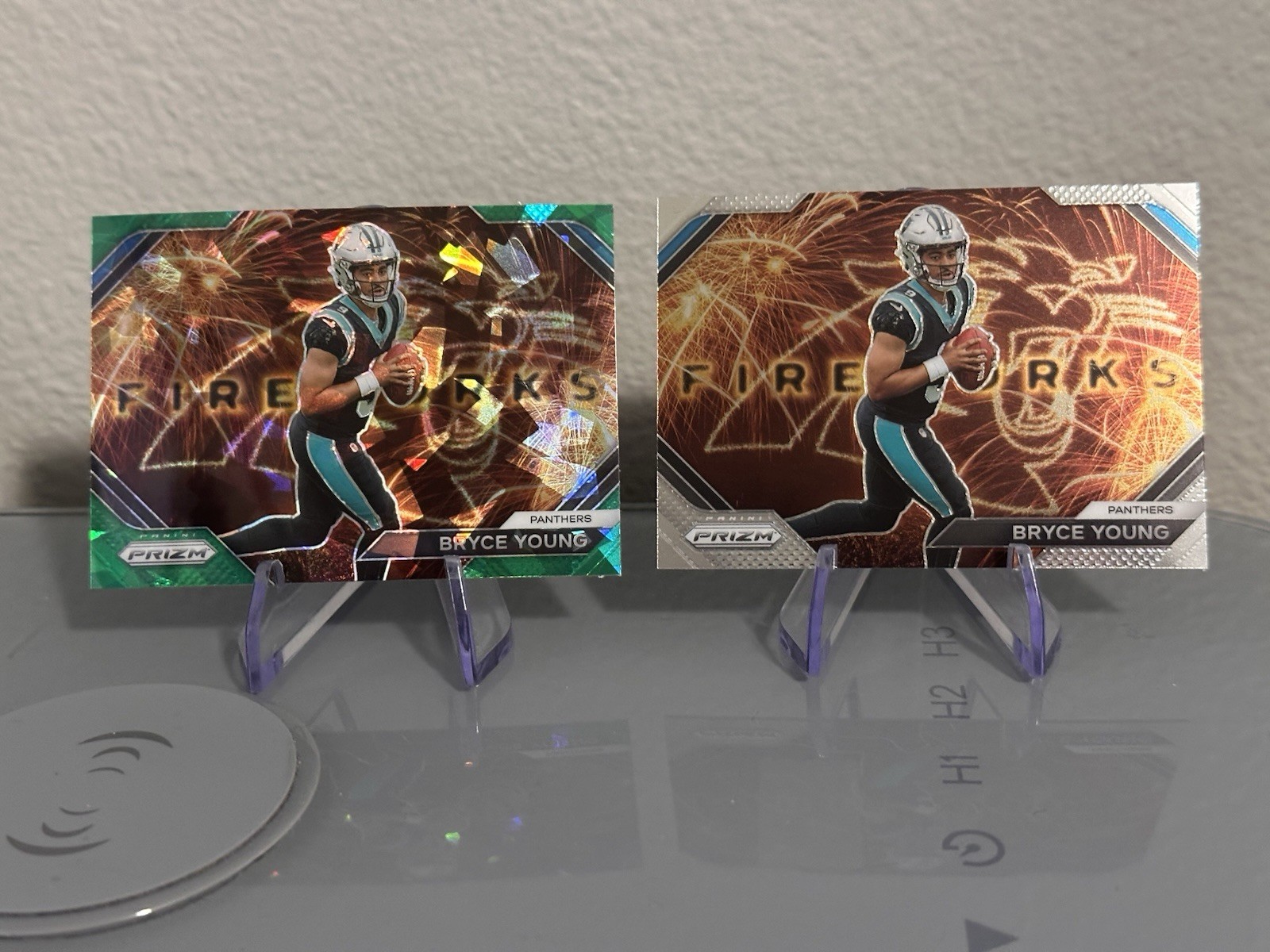 2- Bryce Young RCs - 2023 Panini Prizm-Fireworks Green Ice + Base #F-6 Panthers