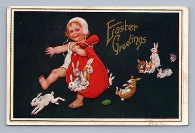 Antique Easter greetings baby delivering rabbits cute illustration 1910s