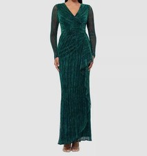 Betsy  Adam Women's Green Metallic Draped Long-Sleeve Gown Dress Size 4