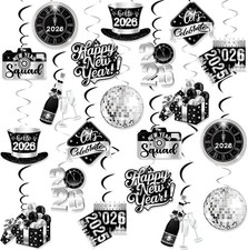 New Years Eve Party Supplies 2026 Silver Hanging Swirls, black and silver