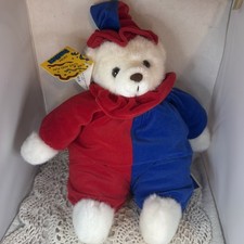 Vintage 1988 Plush Teddy Bear White With Blue  Red Clown Outfit New With Tags