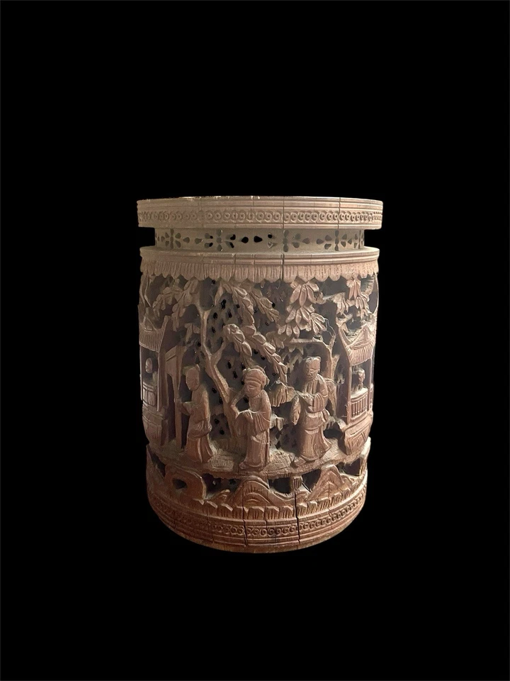 Antigua maceta china de bambú tallada, siglo XVIII, firmada Foto 2 de 4