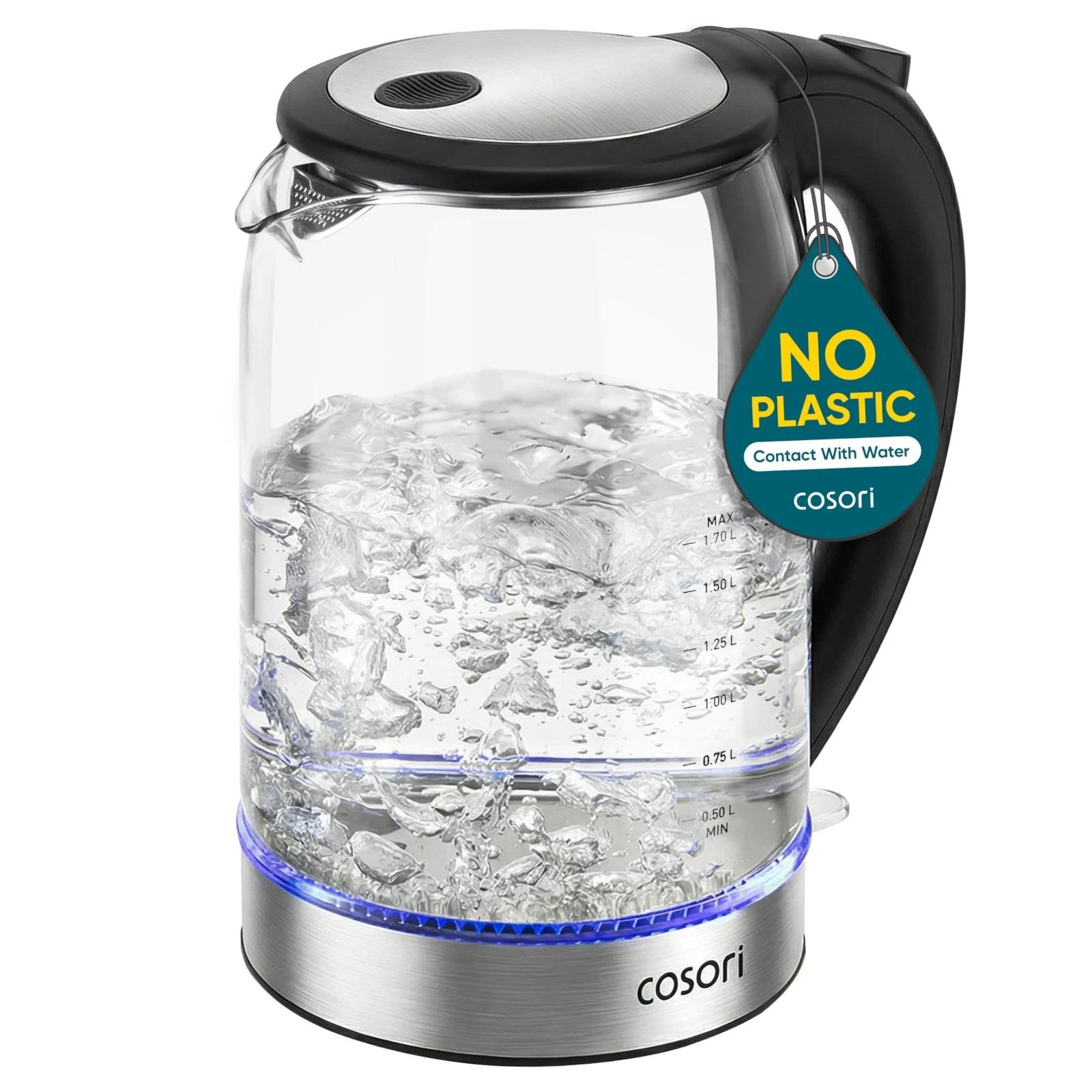 Electric Kettle 1.7L, Borosilicate Glass, No Plastic, Auto Shut Off, Easy Clean,