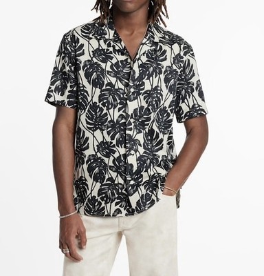 NWT $248 John Varvatos Danny Camp Shirt L White Floral Short Sleeve Button Up