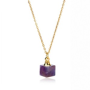 Authentic 1Pcs Amethyst Cube Pendant Necklace Gold Plated Chain Chakra Healing Jewelry