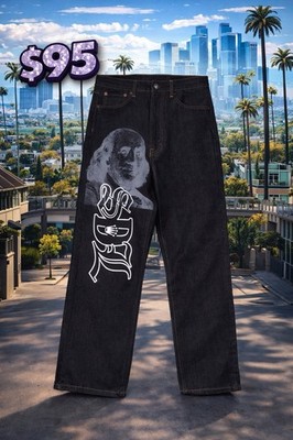 Black Graphic Art Straight Men's Jeans Cotton Denim 5-Pocket Button Zip