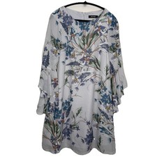 Nine West Dress Women's 6 Blue Floral Print Flare Sleeve Round Neck Knee Length