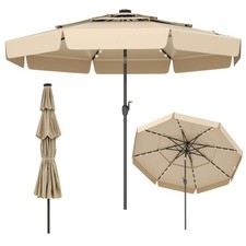 10 FT Solar Patio Umbrella w/ 32 LED Lights 3-Tier Vented Top Ruffles Beige