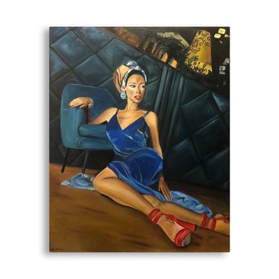 Grace and Power   Figurative Oil Painting of Woman in Velvet and Silk Red Heels