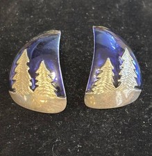 Vintage Navajo Earrings Pine Tree Chip Inlay Blue Night Sky Scene
