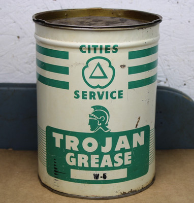 GRAPHIC early 1950s era CITIES SERVICE TROJAN 5 lb. GREASE Old Tin Oil Can