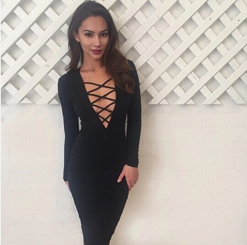 Women's Casual Dresses Long Sleeves Sexy Cross Criss Front Bodycon Bandage Dress - Picture 8 of 29